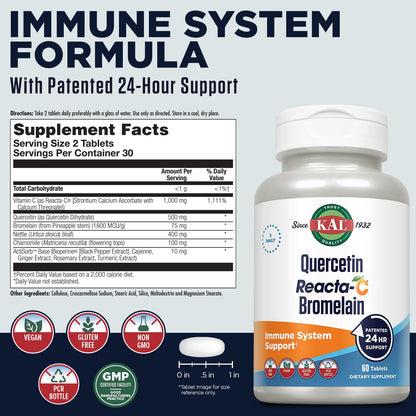 KAL Quercetin Reacta-C Bromelain Immune Support – 60 Tablets, 30 Servings, Vegan, Gluten Free