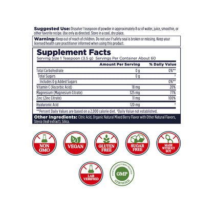 KAL Radiant Magnesium Powder – Mixed Berry, Hyaluronic Acid | 60 Servings | 7.3 oz