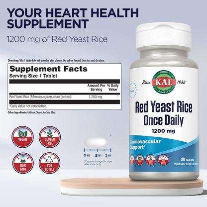 KAL Red Yeast Rice 1200 mg – Cardiovascular Support* | Vegan & Gluten Free | 30 Servings