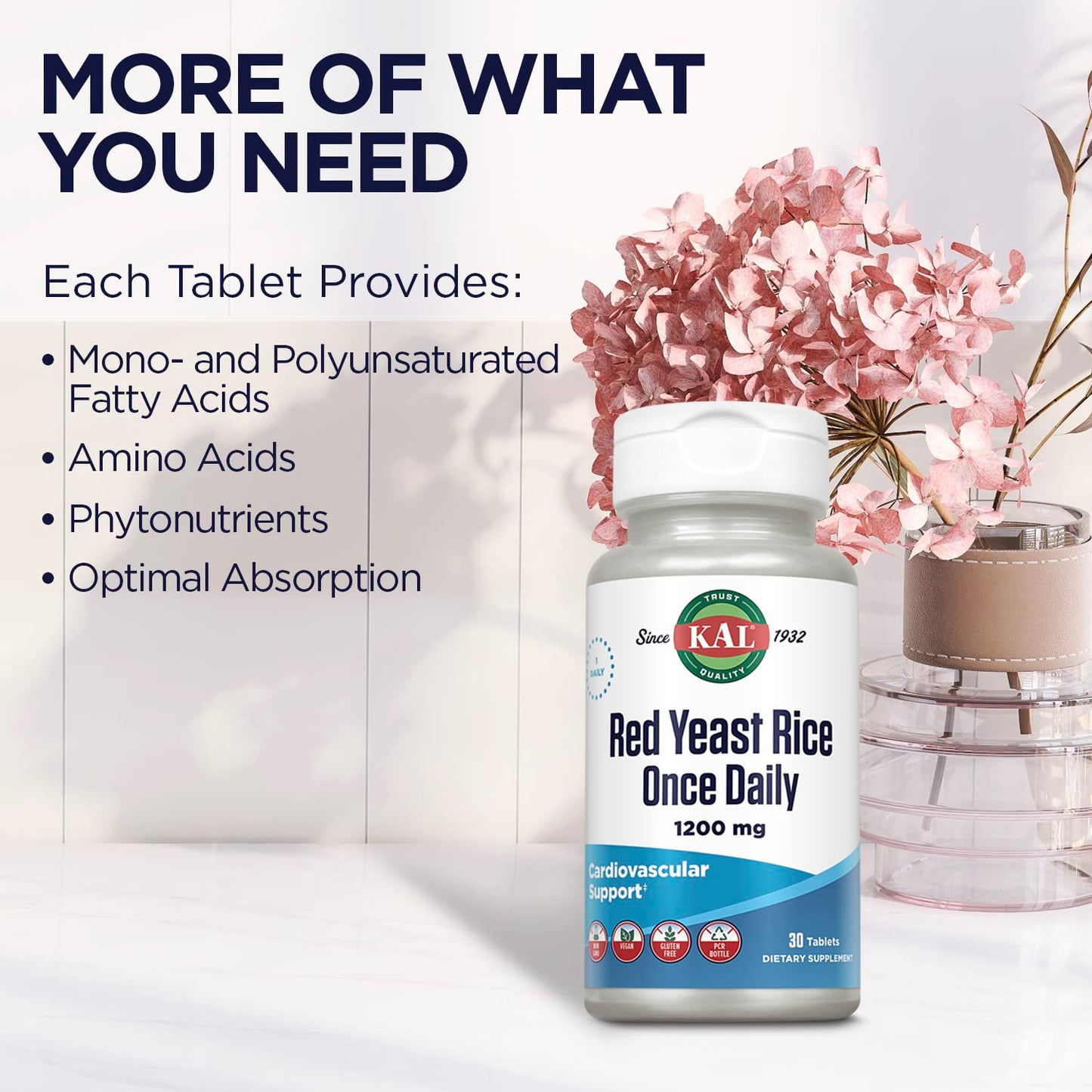 KAL Red Yeast Rice 1200 mg – Cardiovascular Support* | Vegan & Gluten Free | 30 Servings