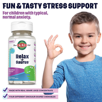 KAL Relax-a-Saurus: Stress Support for Kids – L-Theanine, Herbal Calm, Grape Flavor, 30 Chewables
