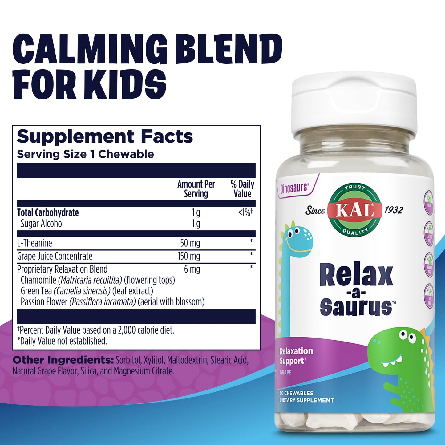 KAL Relax-a-Saurus: Stress Support for Kids – L-Theanine, Herbal Calm, Grape Flavor, 30 Chewables