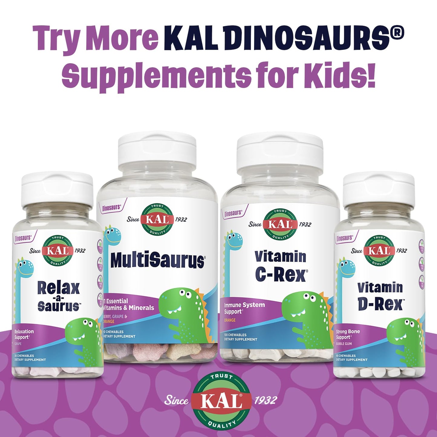 KAL Relax-a-Saurus: Stress Support for Kids – L-Theanine, Herbal Calm, Grape Flavor, 30 Chewables