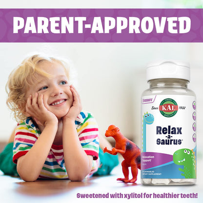 KAL Relax-a-Saurus: Stress Support for Kids – L-Theanine, Herbal Calm, Grape Flavor, 30 Chewables