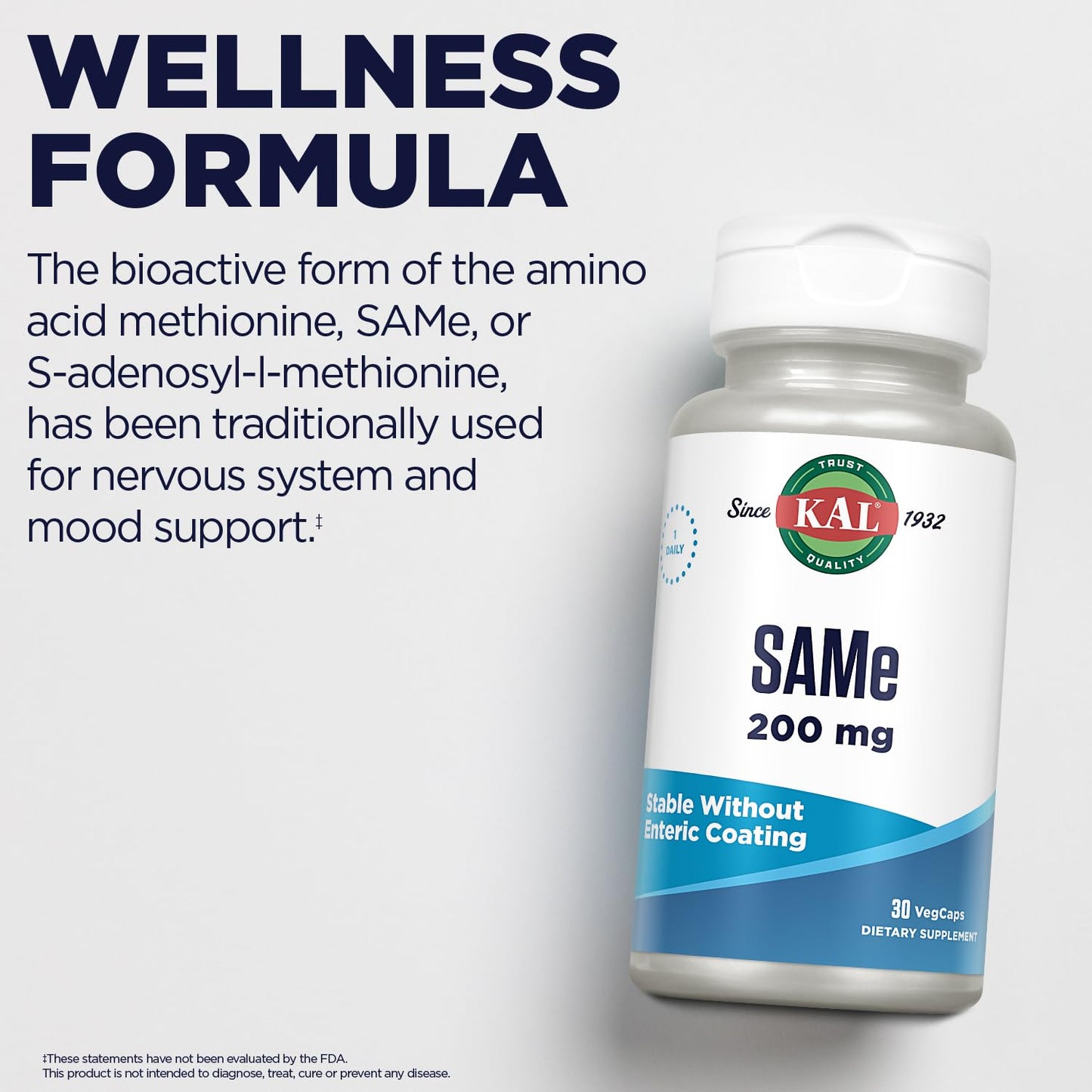 KAL SAMe 200 mg – Mood & Nervous System Support, Vegetarian Capsules