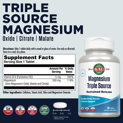 KAL Triple Source Magnesium Complex – 500 mg per Tablet, Vegan & Gluten Free