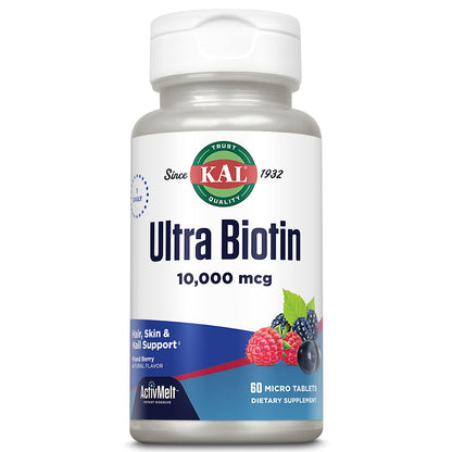 KAL Ultra Biotin 10000mcg ActivMelt – Hair, Skin, Nails Vitamin B7 | 60 Servings