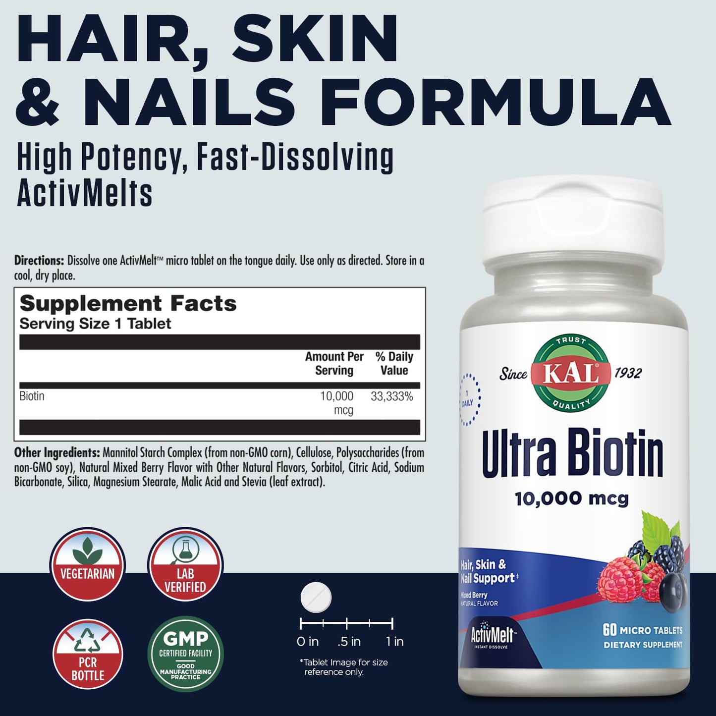 KAL Ultra Biotin 10000mcg ActivMelt – Hair, Skin, Nails Vitamin B7 | 60 Servings