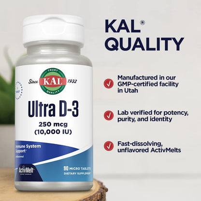 KAL Ultra Vitamin D3 250 mcg (10000 IU) – High Potency D3, Immune Support, Bone Health | ActivMelt