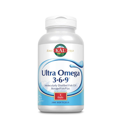 KAL Ultra Omega 3-6-9 1200mg | Fish Oil with Cold-Pressed Flaxseed & Borage Oil | 200 Softgels