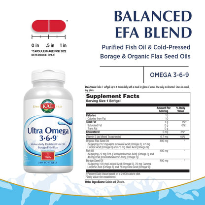 KAL Ultra Omega 3-6-9 1200mg | Fish Oil with Cold-Pressed Flaxseed & Borage Oil | 200 Softgels