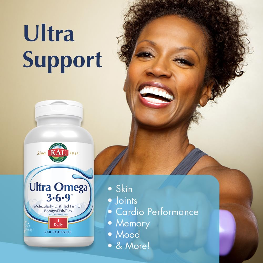 KAL Ultra Omega 3-6-9 1200mg | Fish Oil with Cold-Pressed Flaxseed & Borage Oil | 200 Softgels