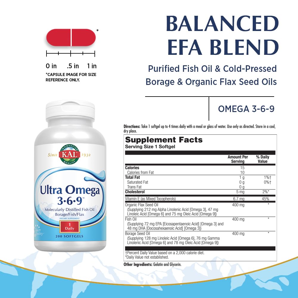 KAL Ultra Omega 3-6-9 1200mg | Fish Oil with Cold-Pressed Flaxseed & Borage Oil | 200 Softgels