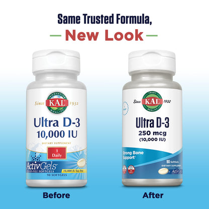 KAL Ultra Vitamin D3 10000 IU Softgels – High Potency, Bone Health & Immune Support (90 Softgels)