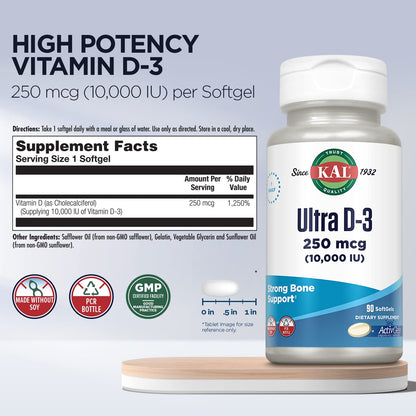 KAL Ultra Vitamin D3 10000 IU Softgels – High Potency, Bone Health & Immune Support (90 Softgels)