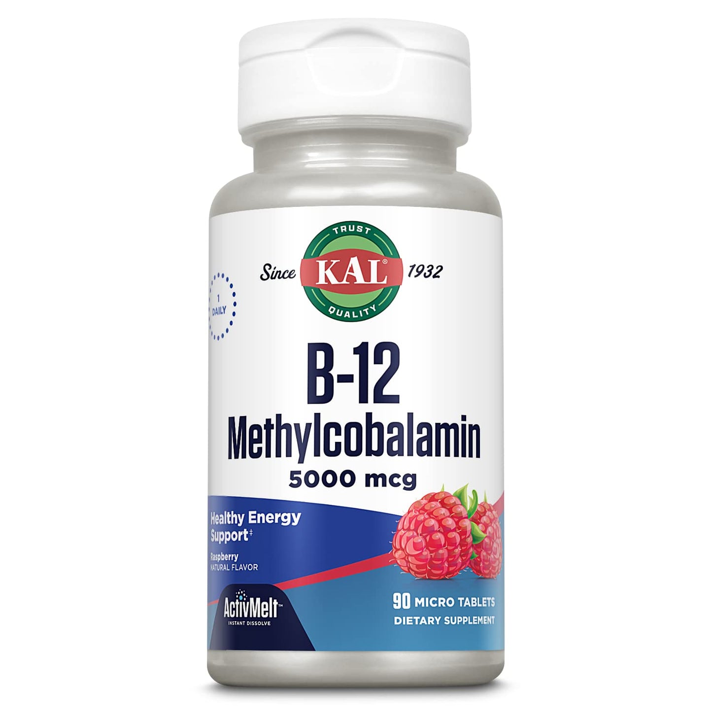 KAL Vitamin B12 Methylcobalamin 5000mcg | ActivMelt Fast-Dissolve, Raspberry Flavor, 90 Servings