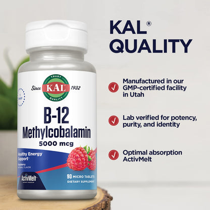 KAL Vitamin B12 Methylcobalamin 5000mcg | ActivMelt Fast-Dissolve, Raspberry Flavor, 90 Servings