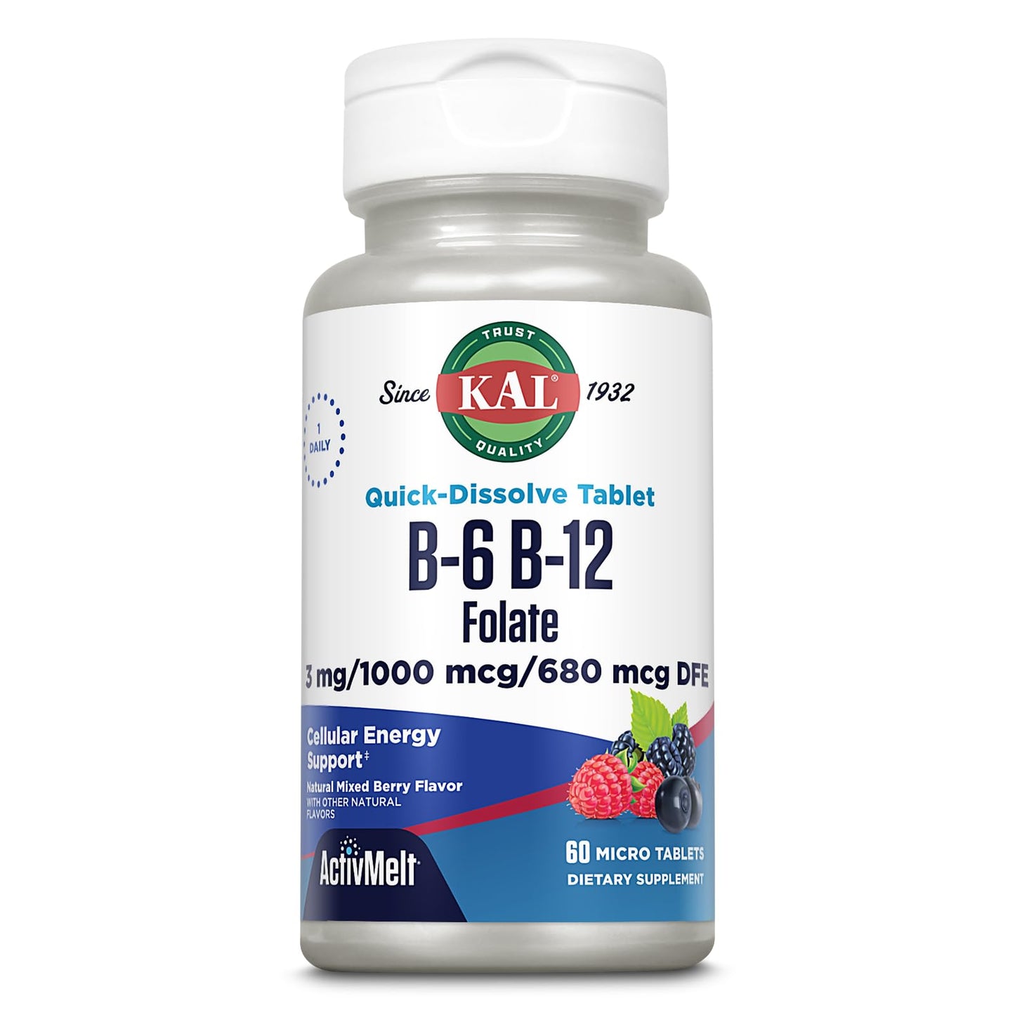 KAL Vitamin B-6, B-12 & Folic Acid – Heart Health & Energy, 60 Servings