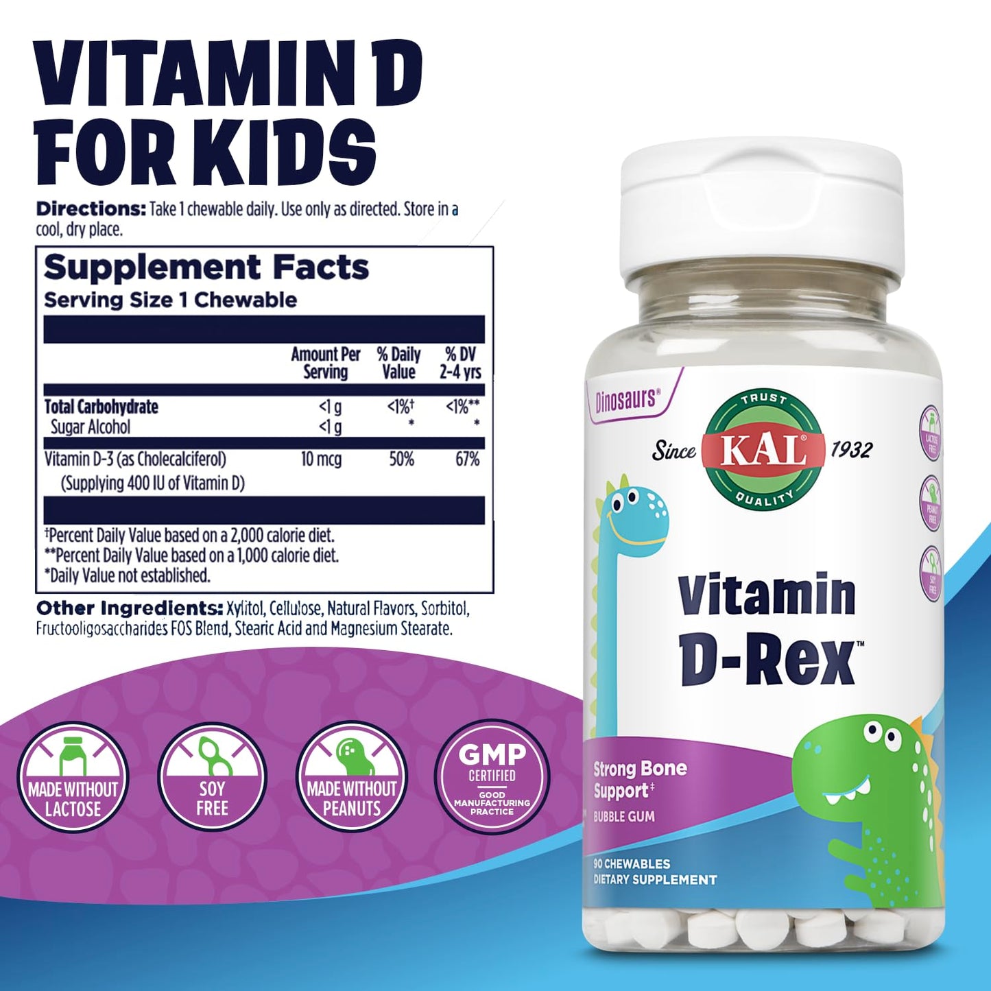 KAL Vitamin D-Rex Kids Chewables – Vitamin D3 400 IU, Bubble Gum, 90 Servings