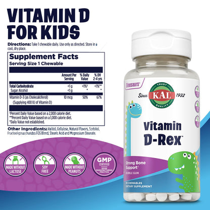 KAL Vitamin D-Rex Kids Chewables – Vitamin D3 400 IU, Bubble Gum, 90 Servings