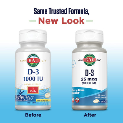 KAL Vitamin D3 1000 IU Softgels (25 mcg) – Immune Support, Calcium Absorption, ActivGel