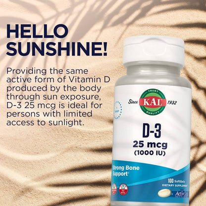 KAL Vitamin D3 1000 IU Softgels (25 mcg) – Immune Support, Calcium Absorption, ActivGel