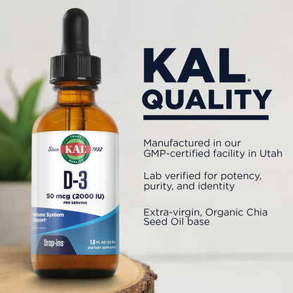 KAL Vitamin D3 2000 IU (50 mcg) Drops – 1.8oz, ~590 Servings, Vegetarian