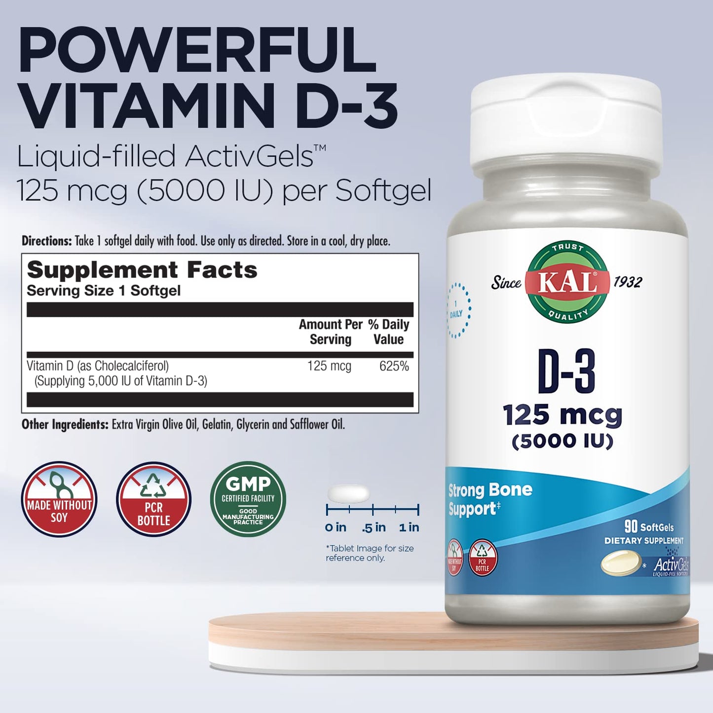 KAL Vitamin D3 5000 IU Softgels – ActivGels, Soy-Free, Bone & Immune Support