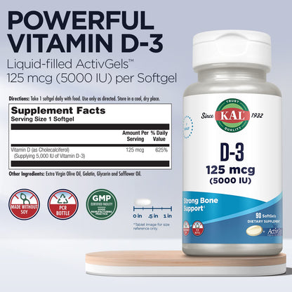 KAL Vitamin D3 5000 IU Softgels – ActivGels, Soy-Free, Bone & Immune Support