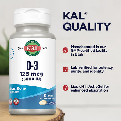 KAL Vitamin D3 5000 IU Softgels – ActivGels, Soy-Free, Bone & Immune Support