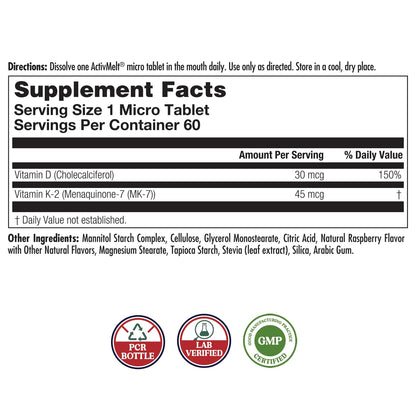 KAL Vitamin D3 K2 ActivMelts – Immune Support, Calcium Absorption, 60 Servings