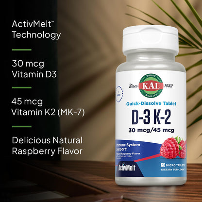 KAL Vitamin D3 K2 ActivMelts – Immune Support, Calcium Absorption, 60 Servings