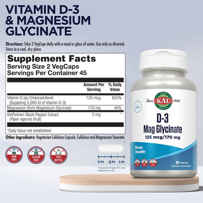 KAL Vitamin D3 & Magnesium Glycinate – Enhanced Absorption Formula with BioPerine for Bone, Muscle & Immune Support | Non-GMO, Gluten Free, 45 Servings, 90 VegCaps