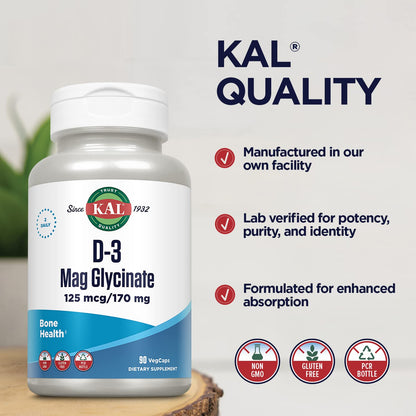 KAL Vitamin D3 & Magnesium Glycinate – Enhanced Absorption Formula with BioPerine for Bone, Muscle & Immune Support | Non-GMO, Gluten Free, 45 Servings, 90 VegCaps