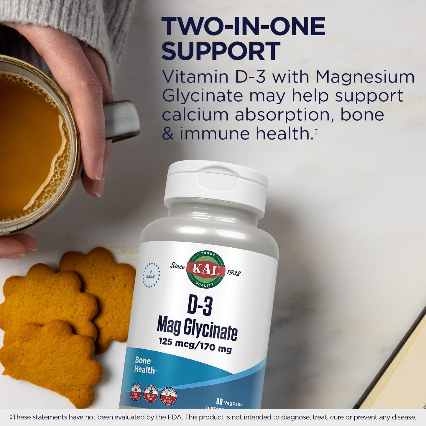 KAL Vitamin D3 & Magnesium Glycinate – Enhanced Absorption Formula with BioPerine for Bone, Muscle & Immune Support | Non-GMO, Gluten Free, 45 Servings, 90 VegCaps