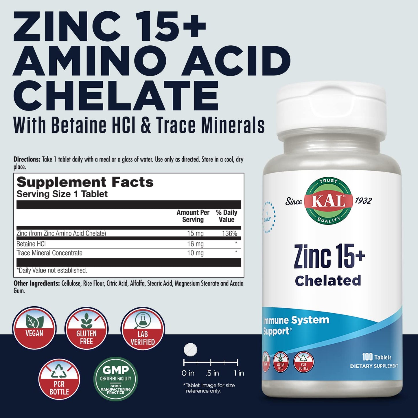 KAL Zinc 15+ with Betaine HCl & Trace Minerals | Chelated, Vegetarian, 100 Tablets