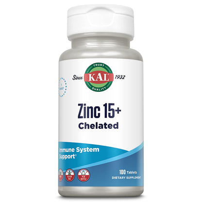 KAL Zinc 15+ with Betaine HCl & Trace Minerals | Chelated, Vegetarian, 100 Tablets
