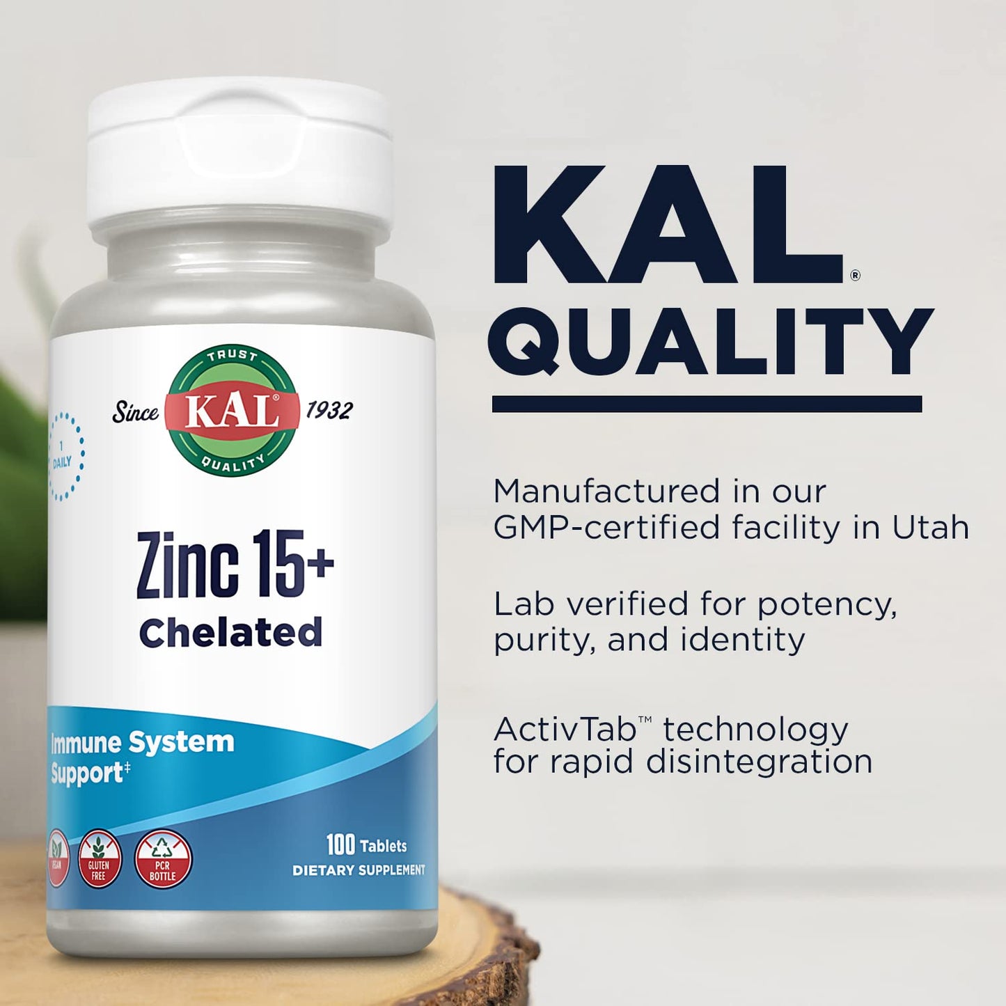 KAL Zinc 15+ with Betaine HCl & Trace Minerals | Chelated, Vegetarian, 100 Tablets