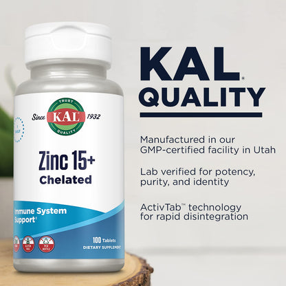 KAL Zinc 15+ with Betaine HCl & Trace Minerals | Chelated, Vegetarian, 100 Tablets