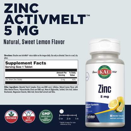 KAL Zinc 5mg ActivMelt – Immune Support Micro Tabs, Lemon Flavor, 60-Day Guarantee