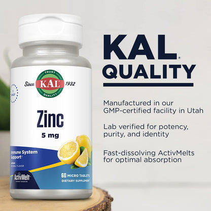 KAL Zinc 5mg ActivMelt – Immune Support Micro Tabs, Lemon Flavor, 60-Day Guarantee
