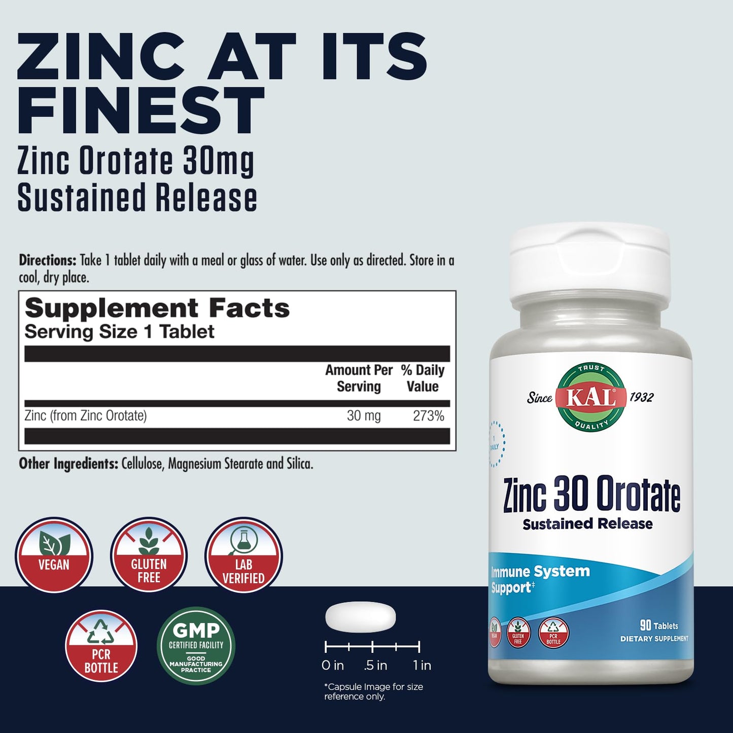 KAL Zinc Orotate 30mg – Sustained Release Zinc Tablets for Immune Support | Vegan & Gluten Free