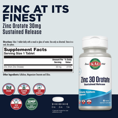 KAL Zinc Orotate 30mg – Sustained Release Zinc Tablets for Immune Support | Vegan & Gluten Free