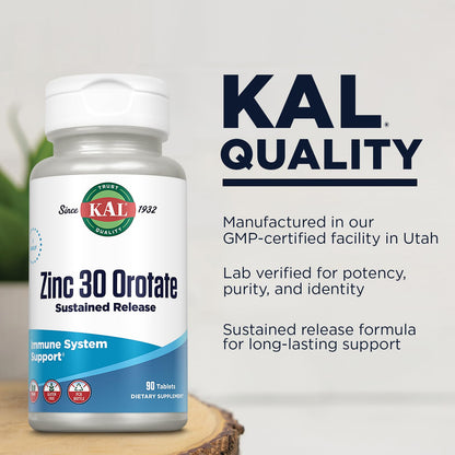 KAL Zinc Orotate 30mg – Sustained Release Zinc Tablets for Immune Support | Vegan & Gluten Free