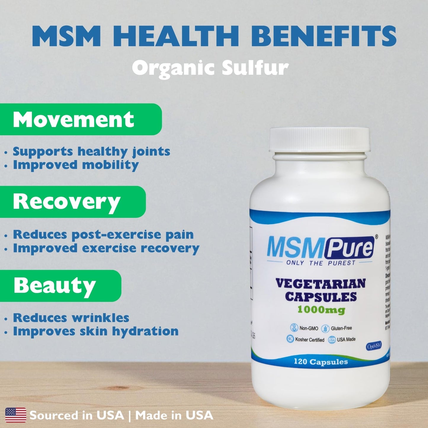 KALA HEALTH MSMPure MSM Vegetarian Capsules – 1,000 mg US-Sourced MSM per Capsule for Joint Health, Skin Appearance, Hair & Nail Support – 120 Count, Organic Sulfur