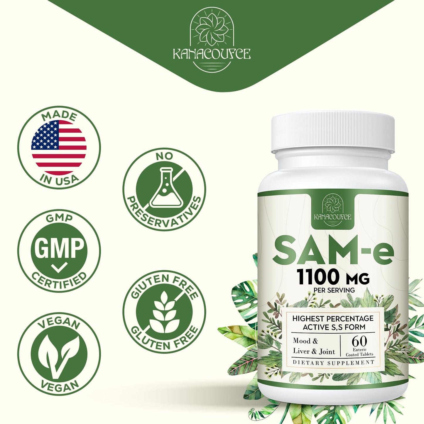 Kanacoufce 1100mg SAM-e – Mood, Joints & Liver Support | 60 Tablets