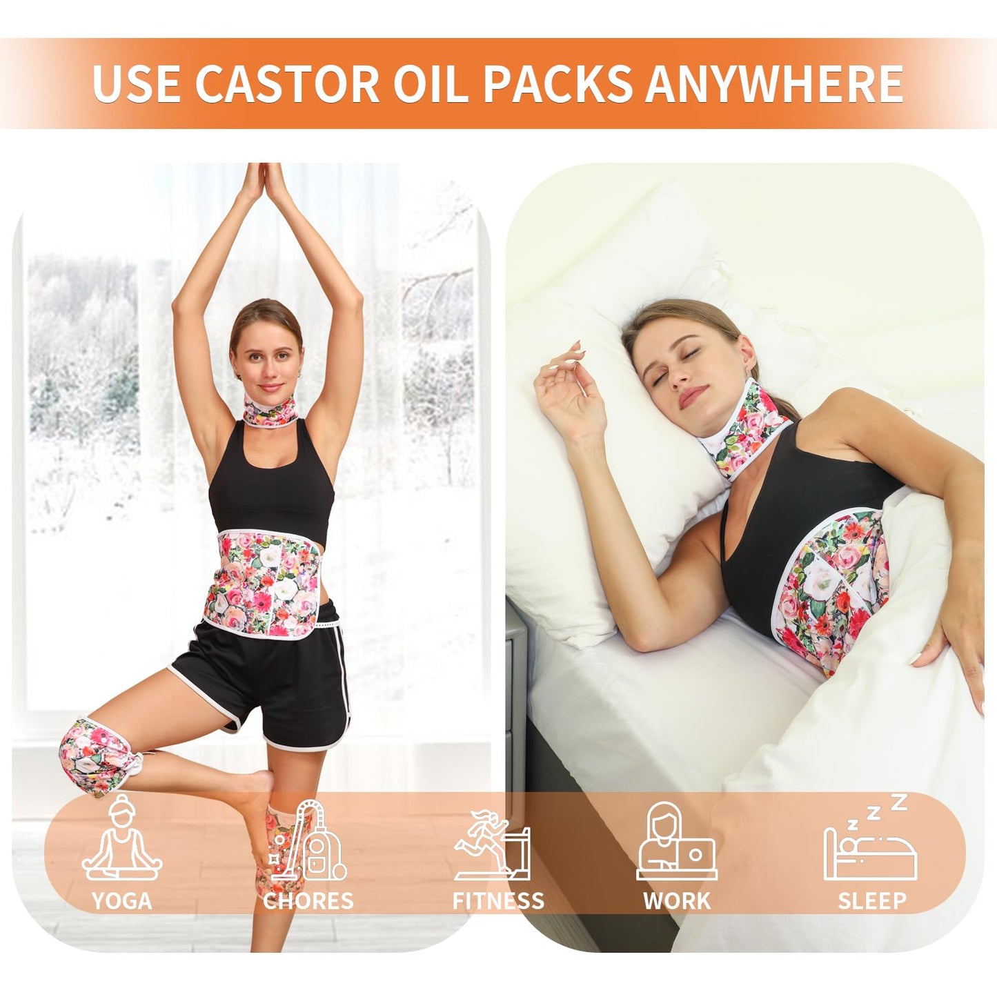 KANAV 4 Pack Castor Oil Wraps - Organic Cotton Lined, Reusable Castor Oil Packs
