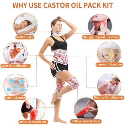 KANAV 4 Pack Castor Oil Wraps - Organic Cotton Lined, Reusable Castor Oil Packs