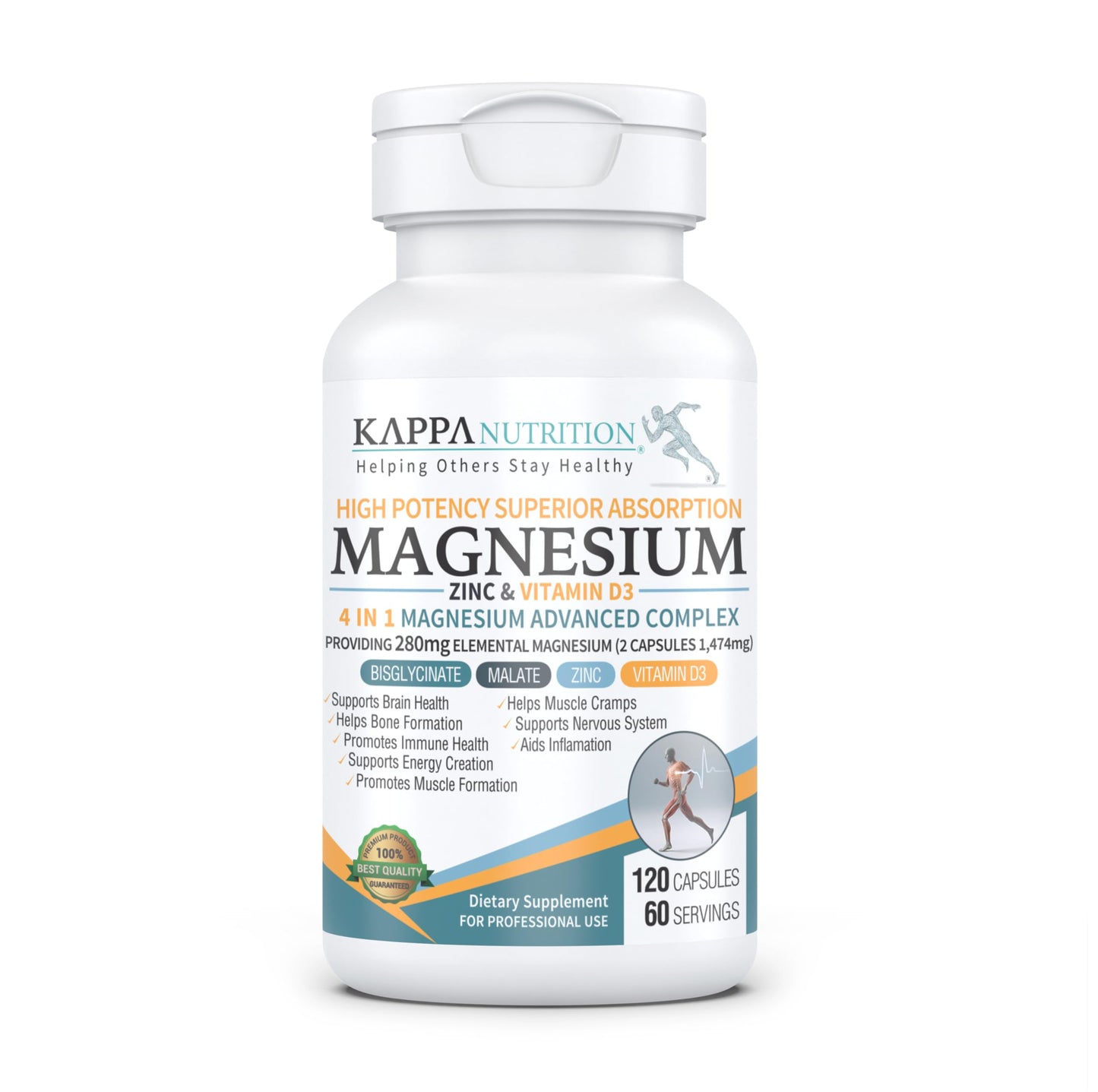 Kappa Nutrition Magnesium 4-in-1 (280 mg) with Zinc & Vitamin D3 | 120 Vegan Capsules