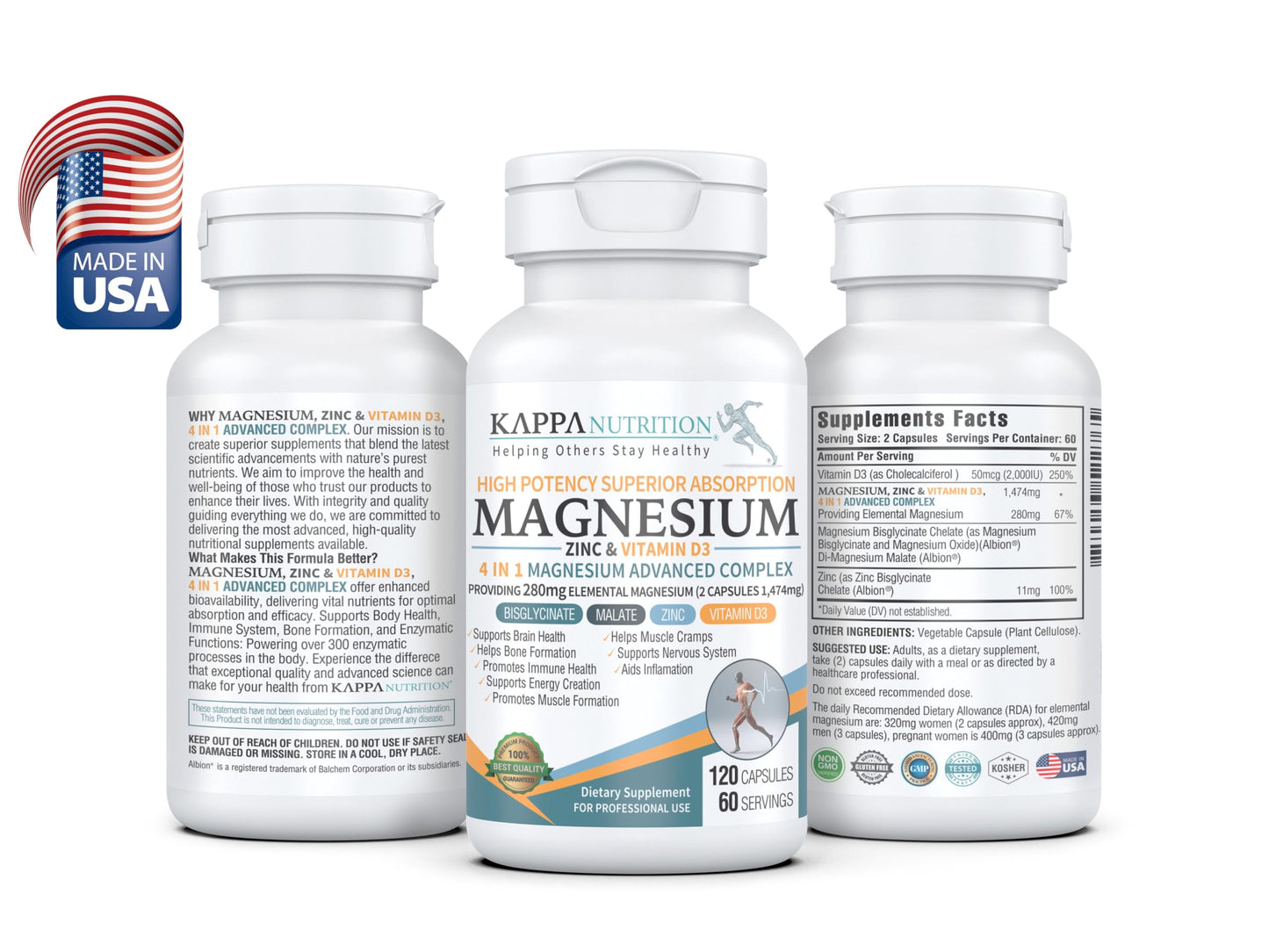 Kappa Nutrition Magnesium 4-in-1 (280 mg) with Zinc & Vitamin D3 | 120 Vegan Capsules